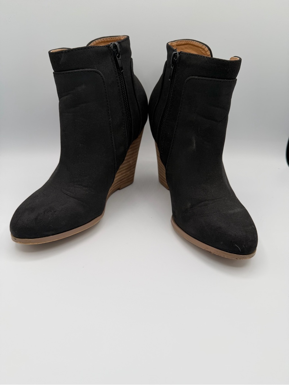 CCOCCI Black Suede Wedge Booties with Stacked Heel